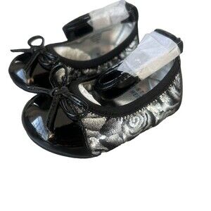 Stuart Weitzman Baby Paliava Silver Black Baby Ballet Shoes w/Bow Sz 2  3-6M NEW